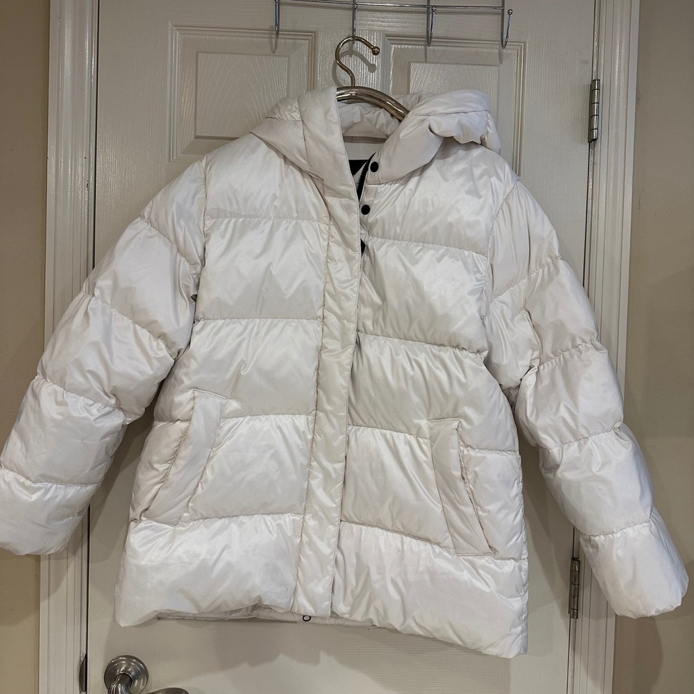 Everlane ReNew ReDown Short Puffer Jacket White Recycled Down Hooded Coat Large